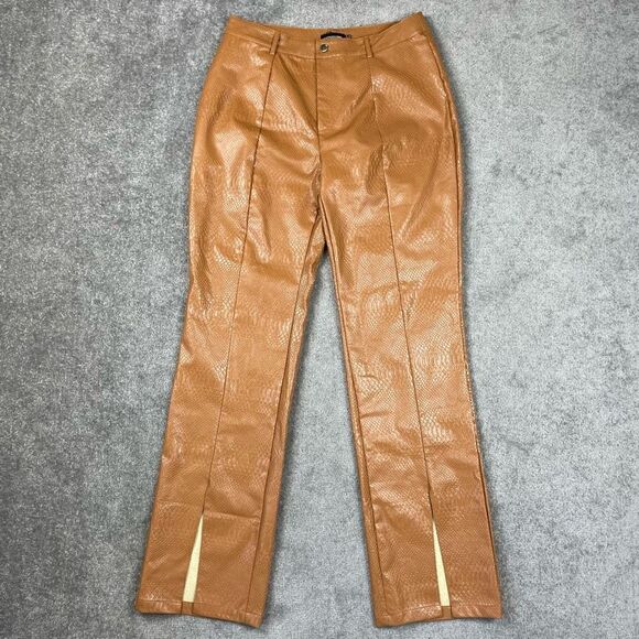 NWT Pretty Little Thing Faux Leather Croc Split Brown Skinny Trouser Pants 10 - Picture 1 of 6
